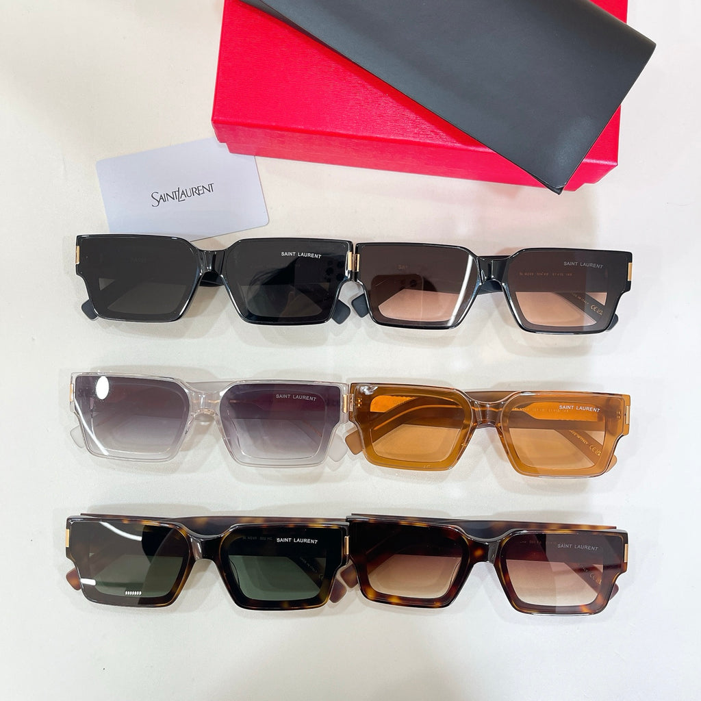 YSL glasses set: black, clear, tan, and tortoiseshell square frames with tinted lenses