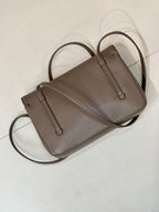 Taupe Chanel structured shoulder bag with two top handles and front flap details