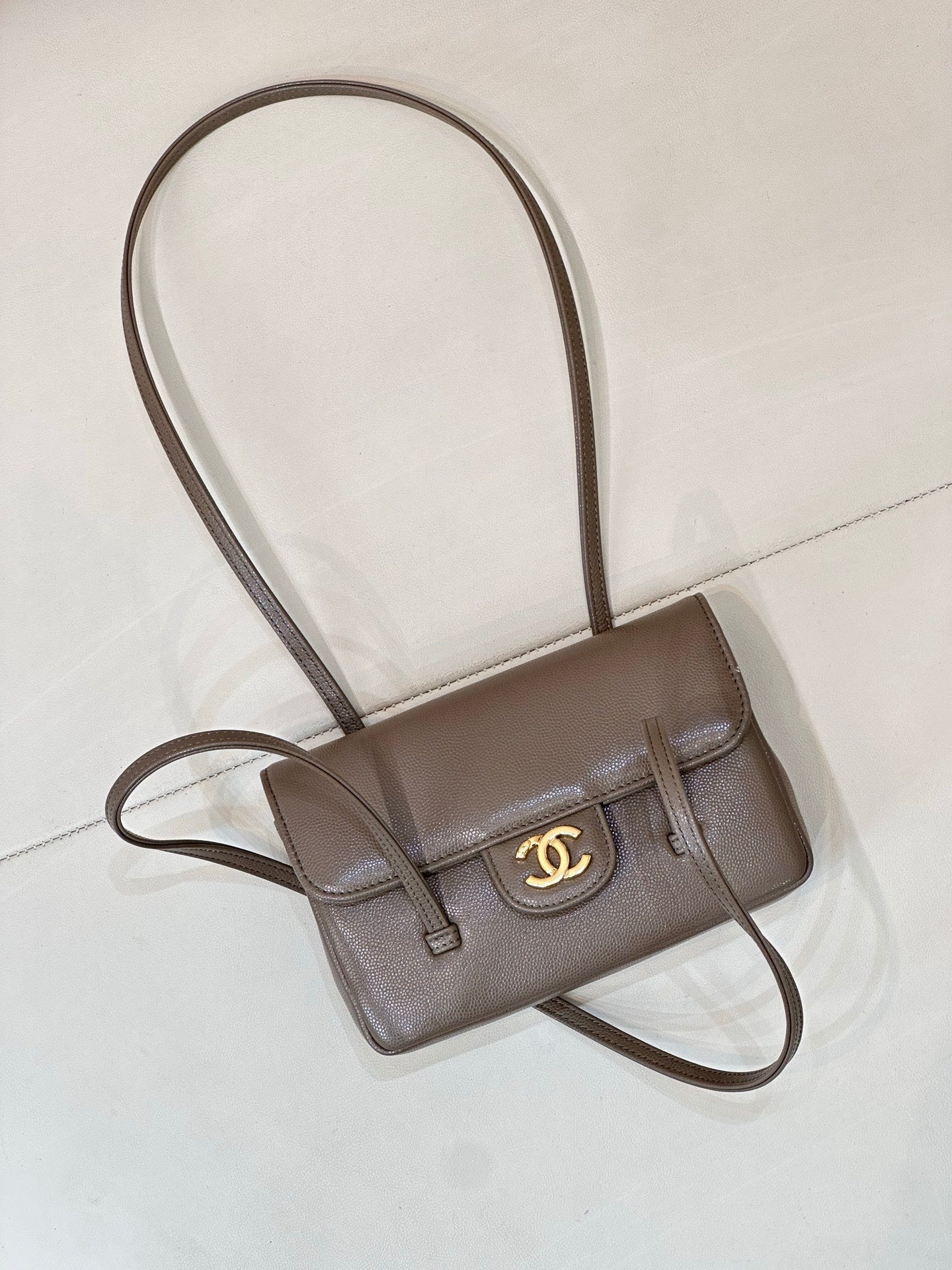 Chanel bag in taupe leather with gold CC logo on front flap and adjustable crossbody strap.