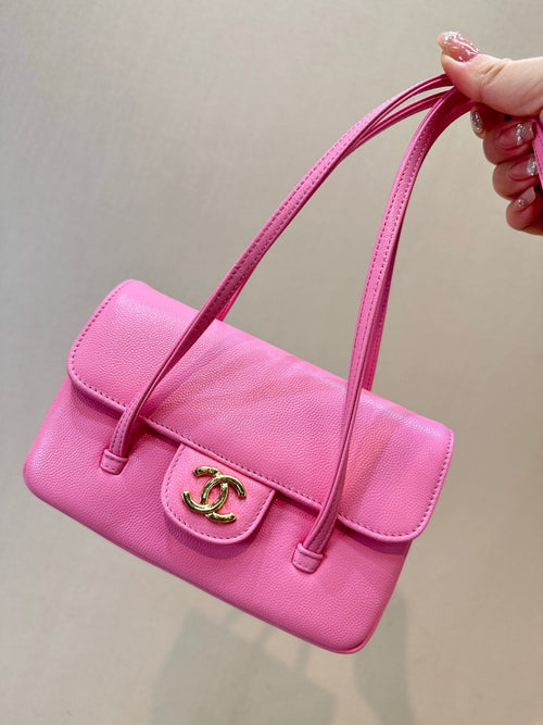 Chanel pink structured mini bag with top flap and CC logo hardware, double handles