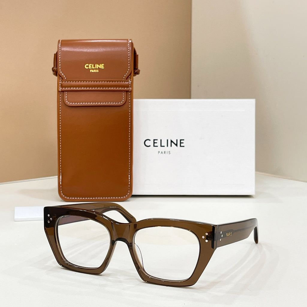 Celine glasses with brown tortoise square frames and clear lenses, full front view.