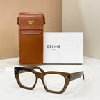 Celine glasses with brown tortoise square frames and clear lenses, full front view.