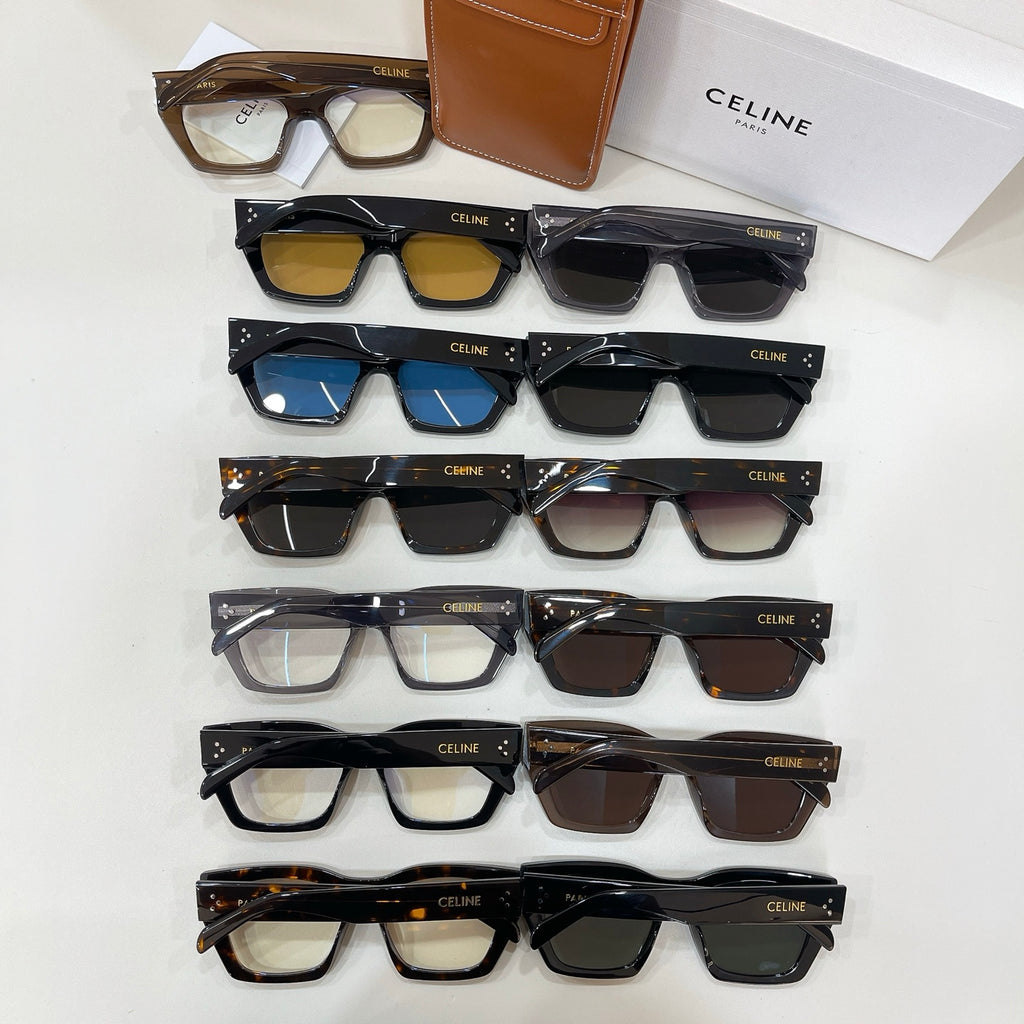 Celine glasses assortment with clear lenses in black, blue, tortoise, and brown frames.