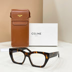 Celine glasses with tortoise square frames and clear lenses, angled front view.