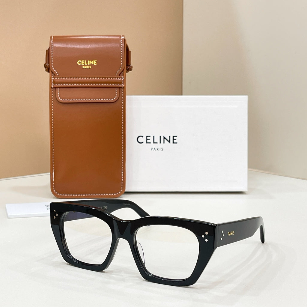 Celine glasses with glossy black square frames and clear lenses, full front view.