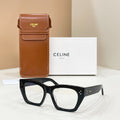 Celine glasses with glossy black square frames and clear lenses, full front view.