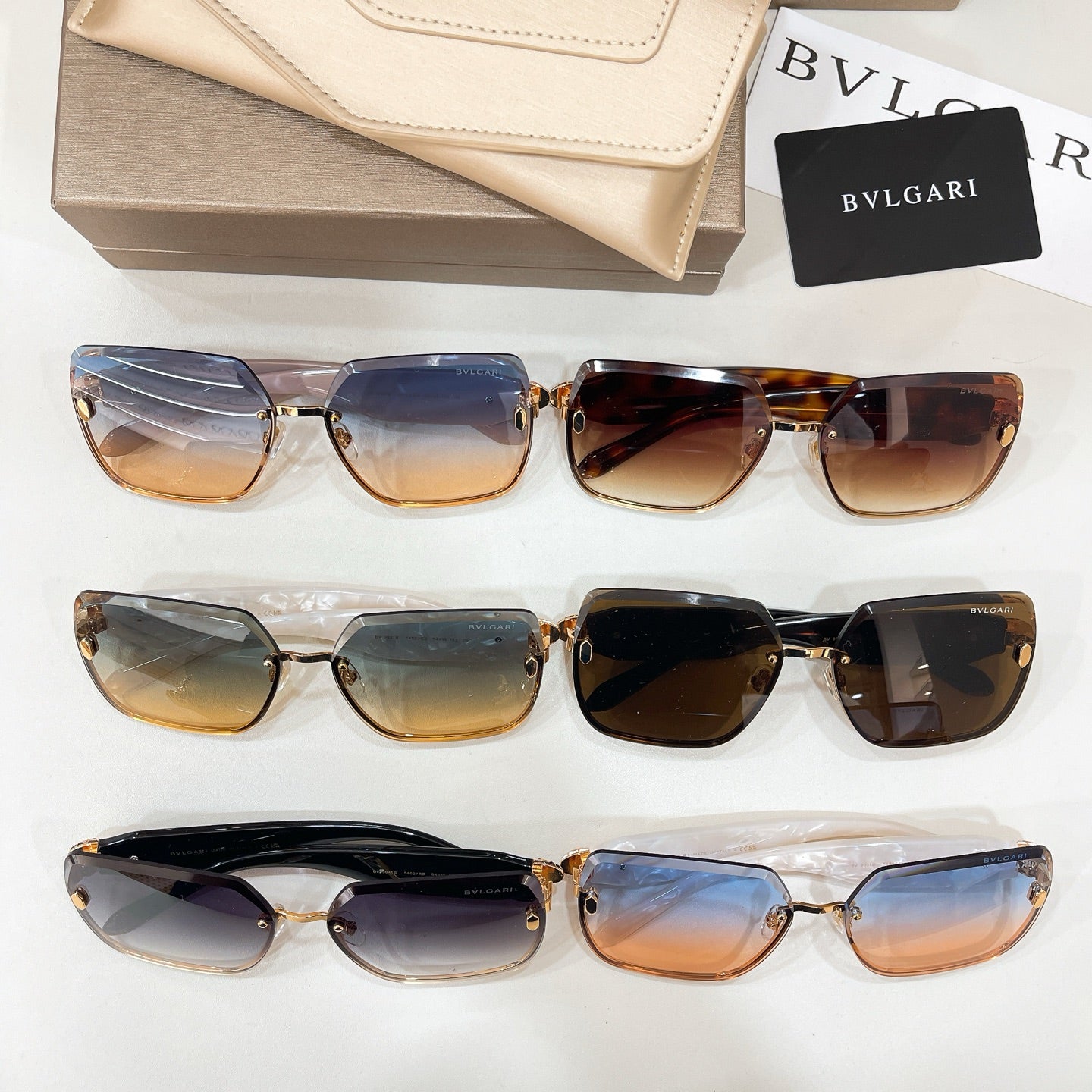 Bvlgari sunglasses assortment with brown, blue, and black tinted lenses