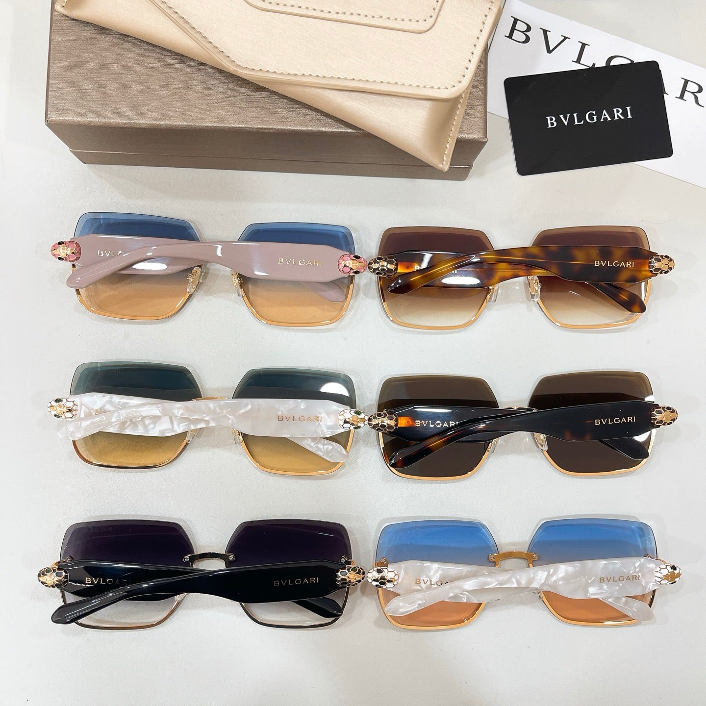 Bvlgari sunglasses assortment with blue, brown, and clear frames