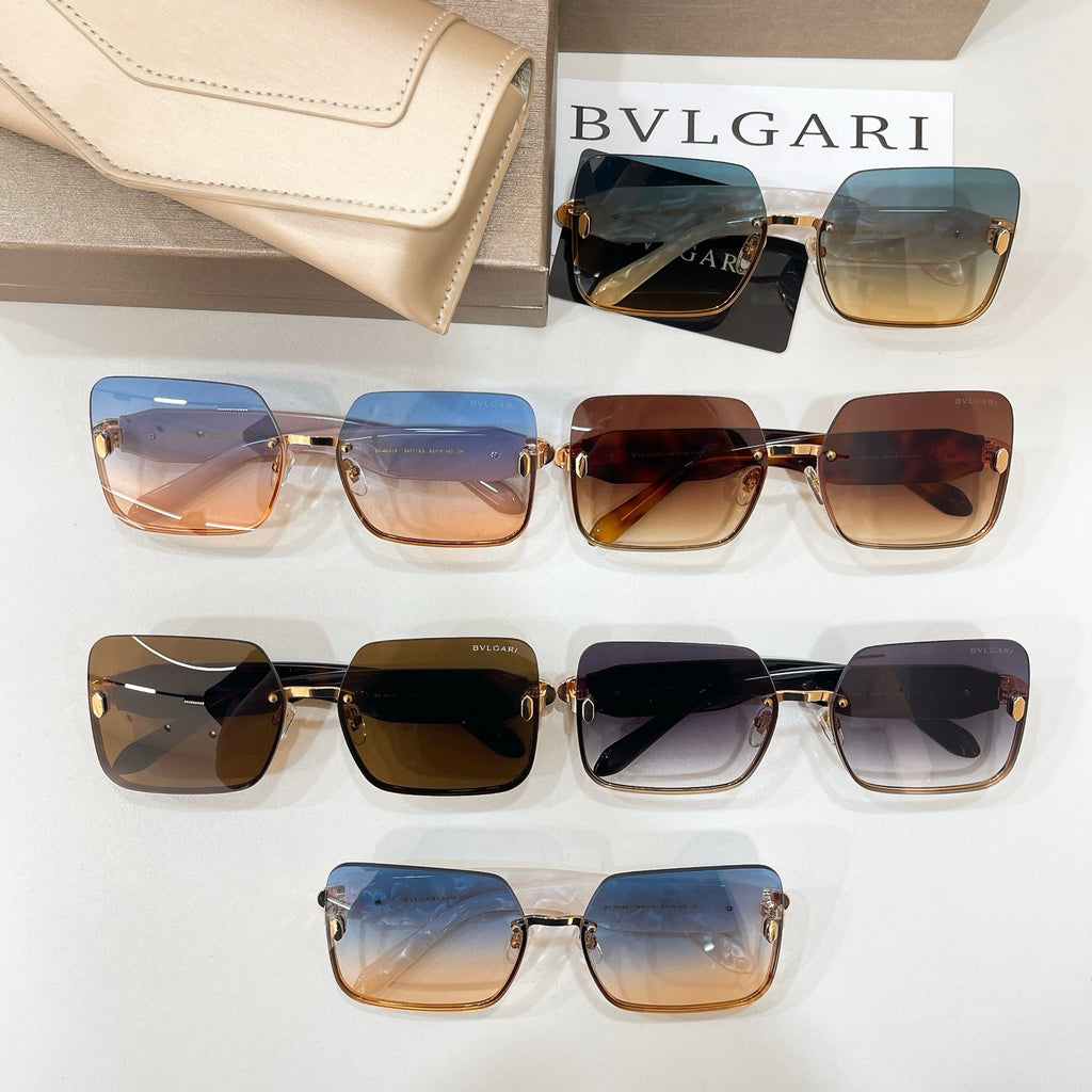 Bvlgari sunglasses display with several square frames in blue, brown, and black
