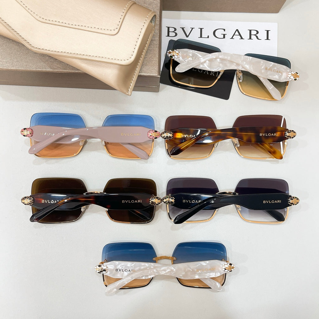 Bvlgari sunglasses set with square frames in blue and tortoise tones, jeweled accents