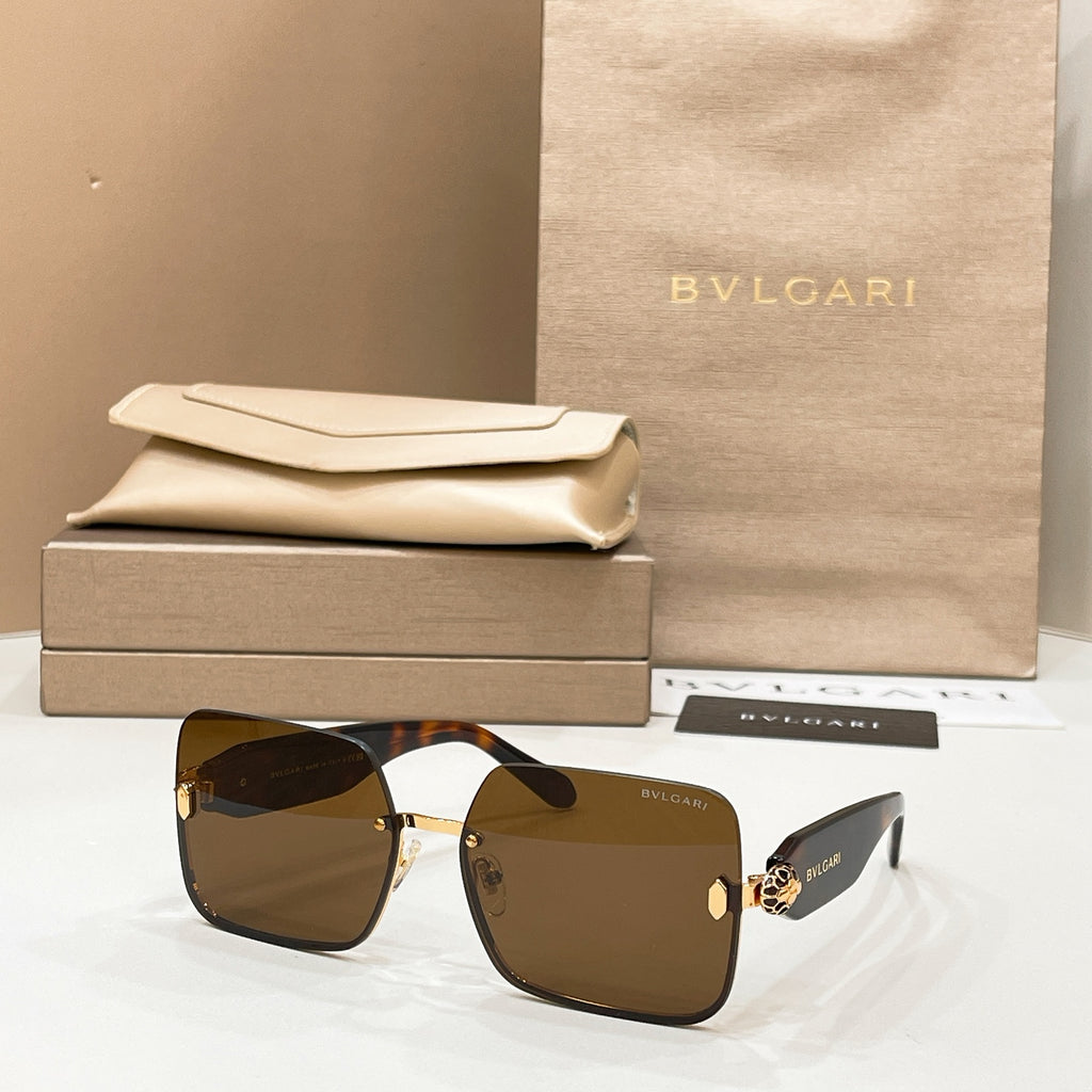 Bvlgari square sunglasses with dark brown lenses and gold-tone metal frame