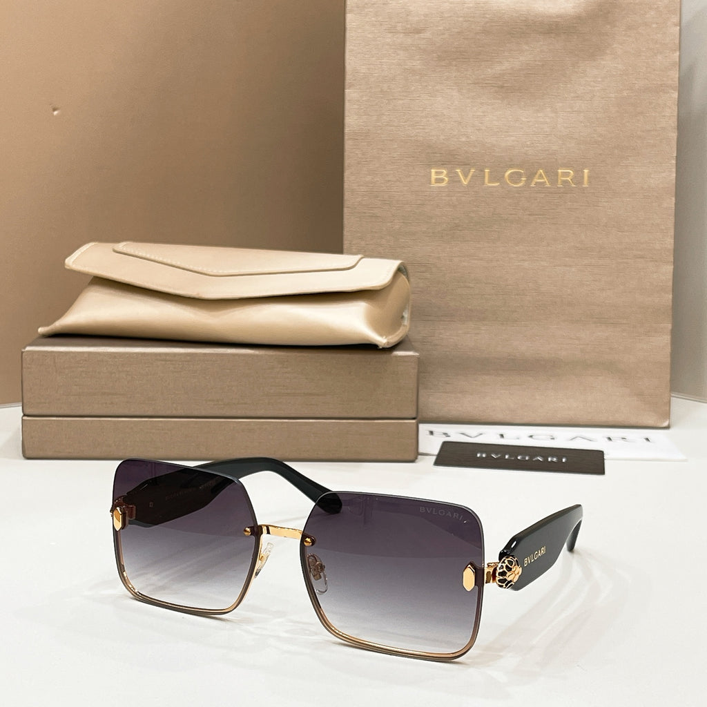 Bvlgari square sunglasses with dark purple lenses and gold-tone metal frame