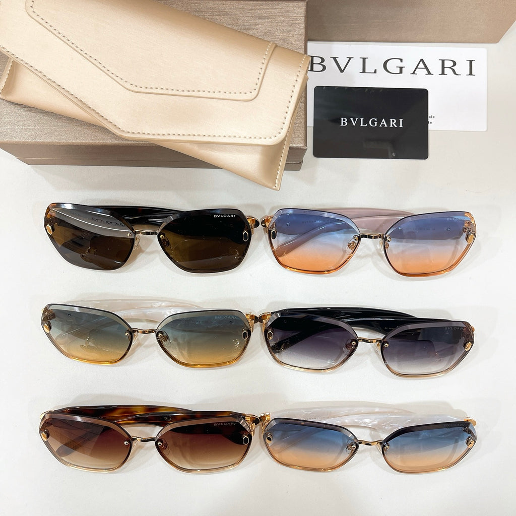Bvlgari sunglasses set with mixed dark, amber, and blue gradient lenses