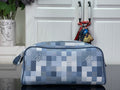 Checkered blue-and-white toiletry bag with top zipper and side handle