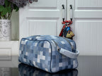 Checkered blue-and-white toiletry bag with curved handle and side zipper