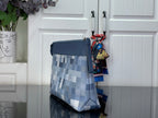 Blue Damier-check crossbody pouch with flat strap and zipper pull