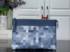 Blue Damier-check zip pouch with leather trim and wrist strap