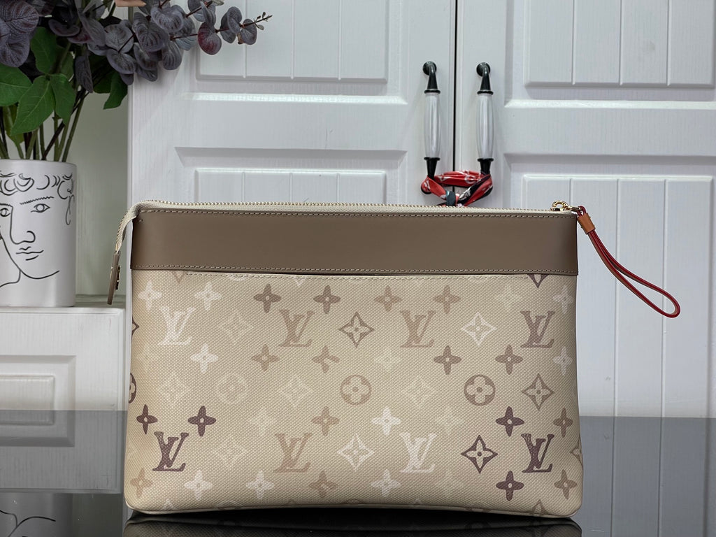 Monogram canvas top-zip shoulder bag with tan flap and leather strap