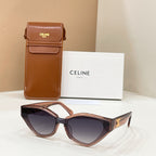 Celine brown cat-eye sunglasses with gold logo on temples and tinted lenses