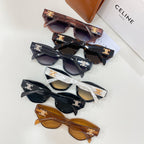 Celine sunglasses assortment with cat-eye frames and gold logo details across colors