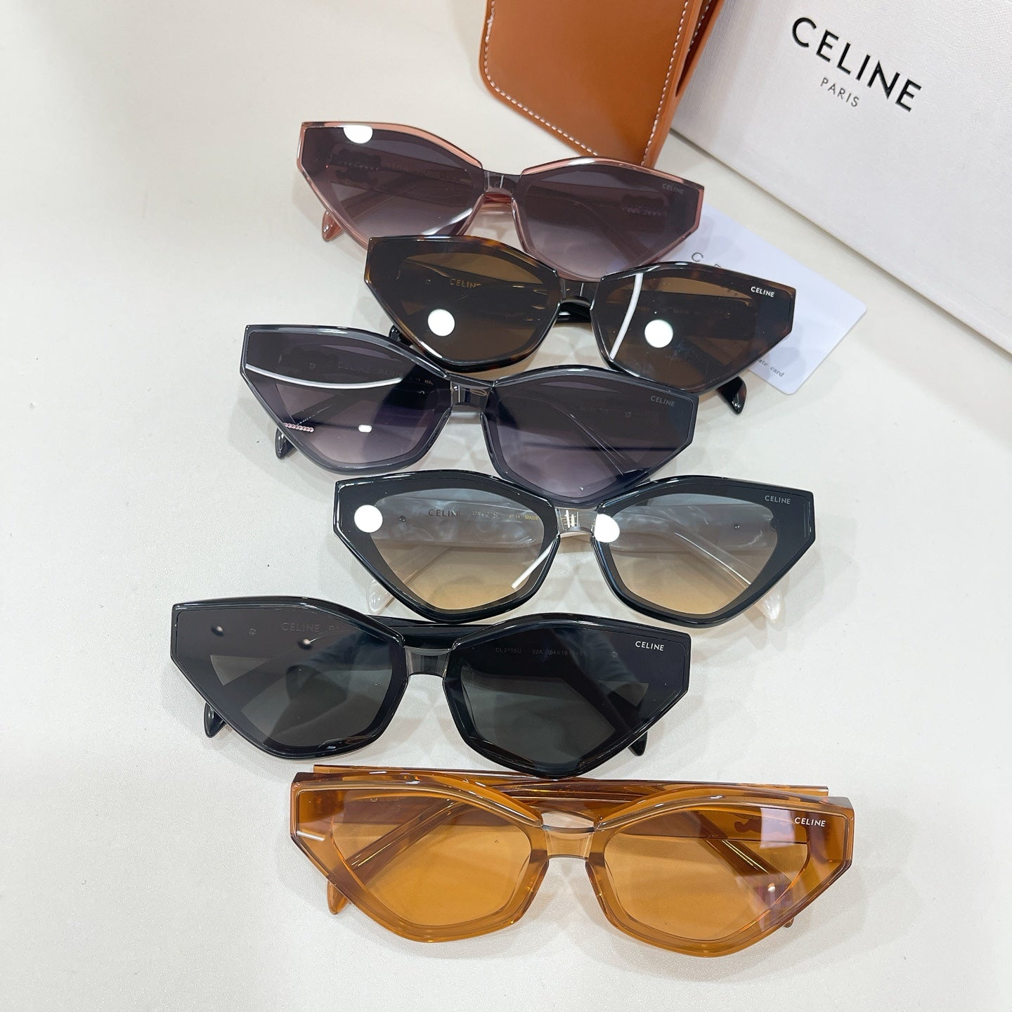 Celine sunglasses assortment in multiple colors with cat-eye shapes and tinted lenses