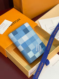Blue checkered leather card holder with several card slots