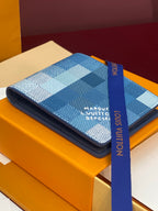 Louis Vuitton Damier Azur card holder wallet, folded blue checkered front with ribbon strap
