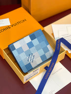Louis Vuitton small wallet, light blue and white checkered pattern with ribbon tag