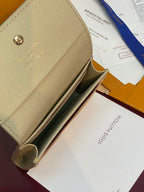 Louis Vuitton wallet open view, beige interior compartments and gold snap hardware