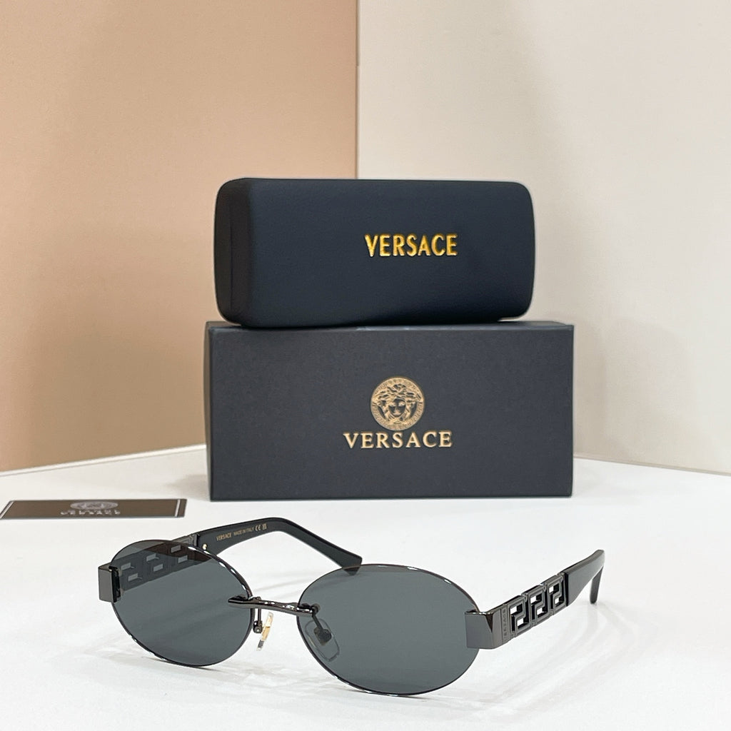 Versace round sunglasses with dark gray lenses and black frame, featuring gold temple accents