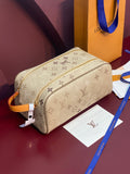 Louis Vuitton monogram crossbody bag, beige canvas with gold zipper and tan strap