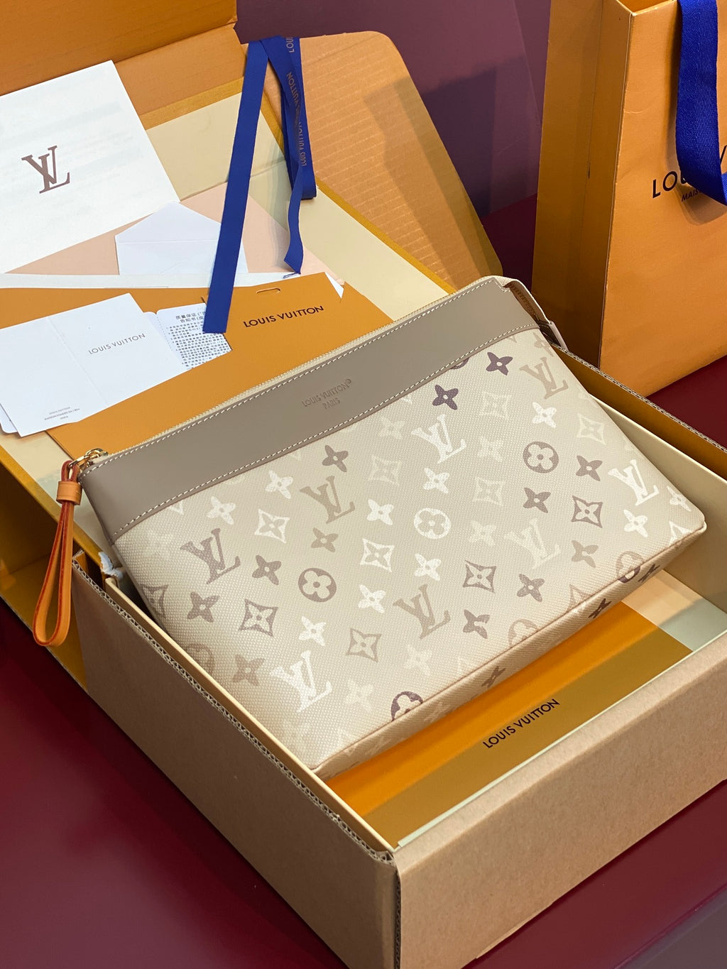 Louis Vuitton monogram pouch bag, beige canvas, tan edges, gold zipper
