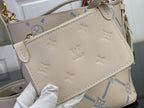 Louis Vuitton small crossbody pouch with gold zipper pull and light beige textured leather panel