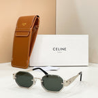 Celine sunglasses with dark green lenses and silver-tone frame, shown with brown case