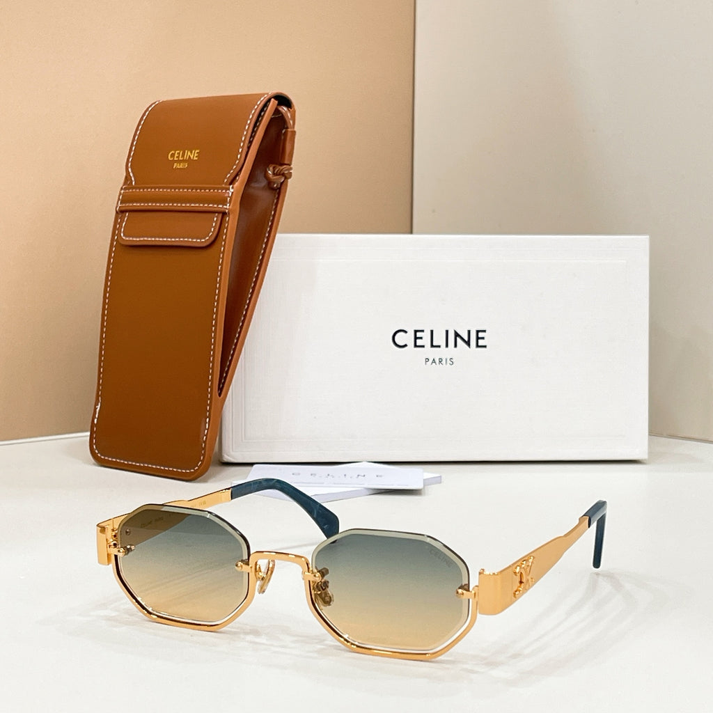 Celine sunglasses with blue-gray lenses and gold-tone frame, shown with brown case