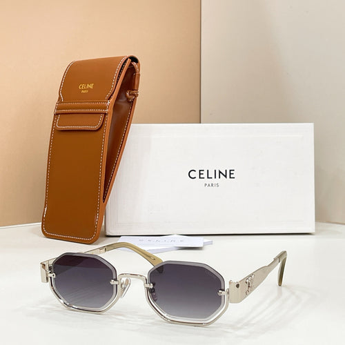 Celine sunglasses with dark lenses and gold-tone frame, shown with brown case