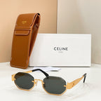 Celine sunglasses with dark lenses and gold-tone frame, shown with brown case