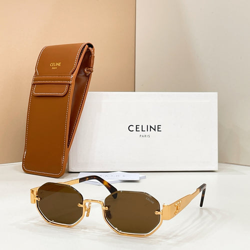 Celine sunglasses with dark lenses and gold-tone frame, shown with brown case