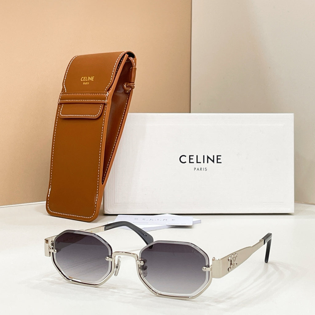 Celine sunglasses with dark purple lenses and silver-tone frame, shown with brown case