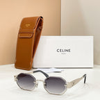 Celine sunglasses with dark purple lenses and silver-tone frame, shown with brown case