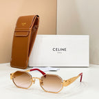 Celine sunglasses with light lenses and gold-tone frame, shown with brown case