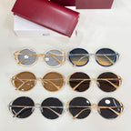 Gucci sunglasses assortment, round frames in gold, blue, brown, and black