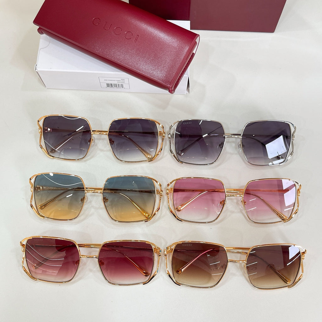 Gucci sunglasses assortment with multiple frames and gradient lenses, gold and translucent