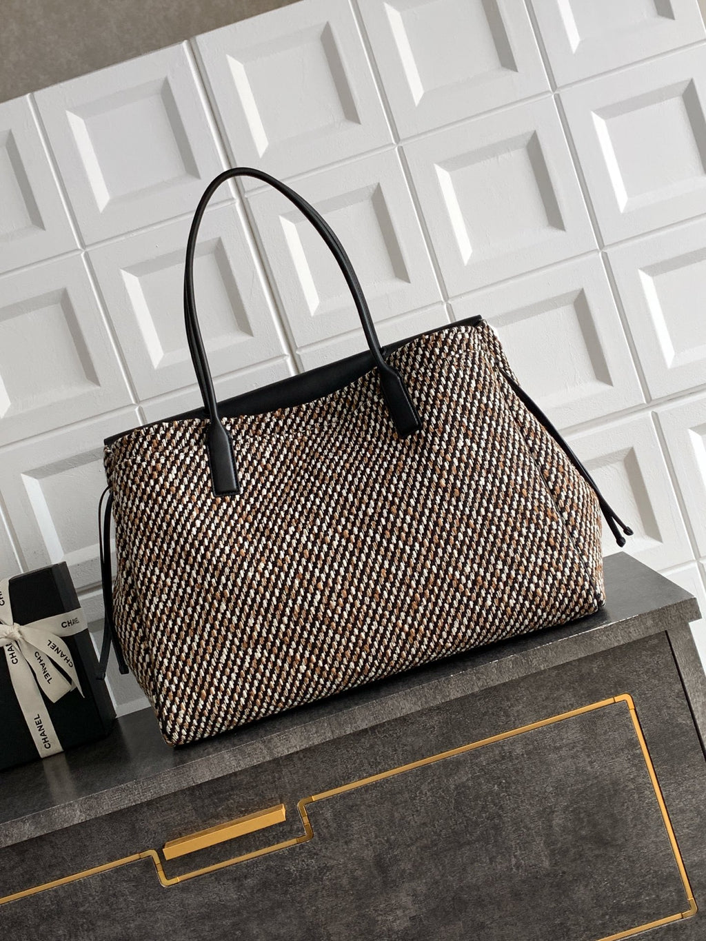 Black and multicolor tweed handbag with black top handles and bow detail