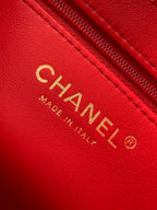 Chanel red leather patch with CHANEL, Made in Italy, and logo stamp