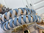 Louis Vuitton Damier handbag braided handle close-up with blue-and-tan straps