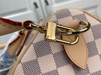 Louis Vuitton Damier handbag clasp detail with gold-tone hardware and loop