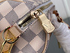 Louis Vuitton damier check zipper pull with gold LV clasp and light leather trim