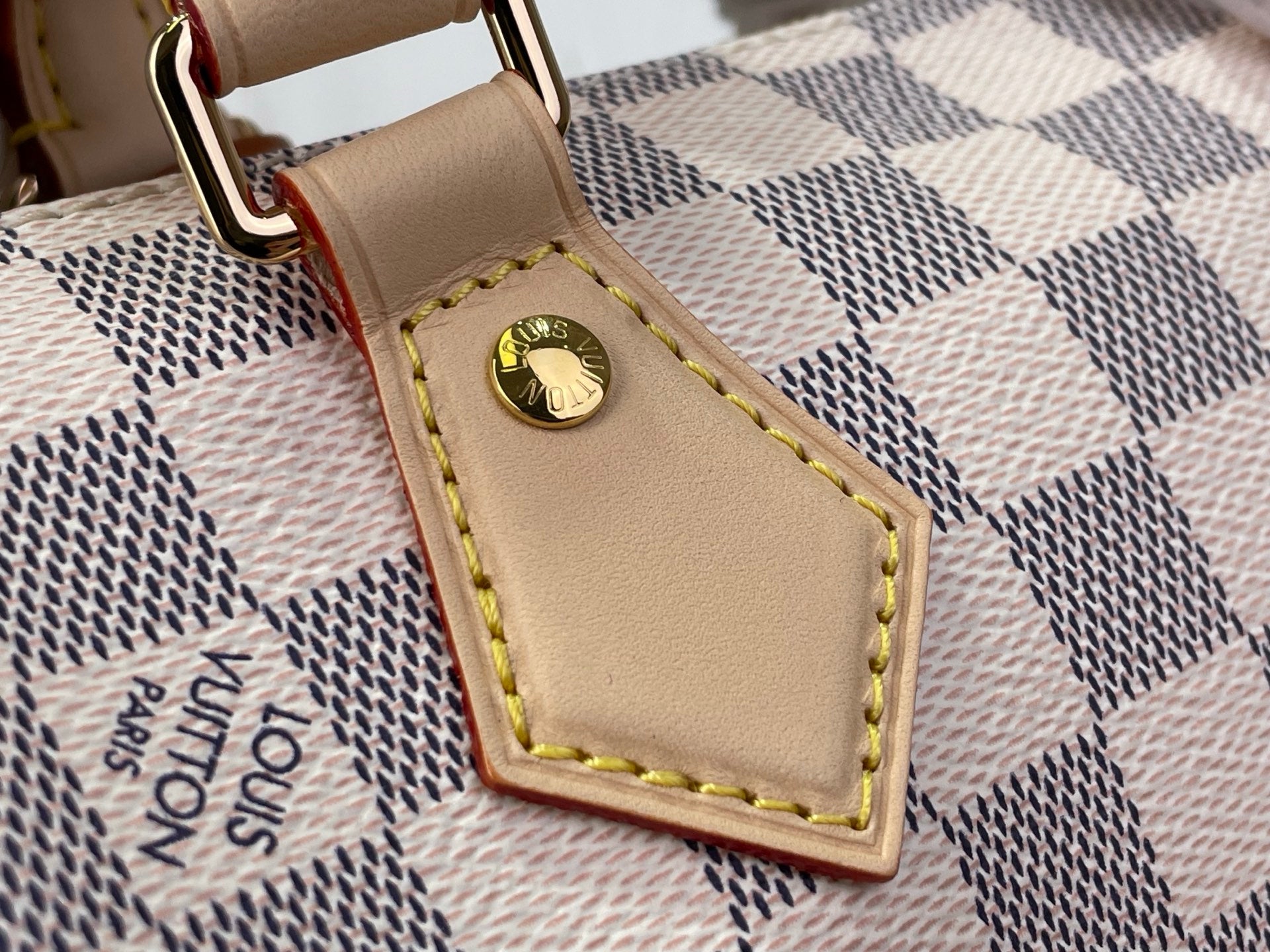 Louis Vuitton damier check luggage tag with gold seal hardware and stitched border