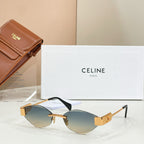 Celine sunglasses with dark blue lenses, gold frame, black temples